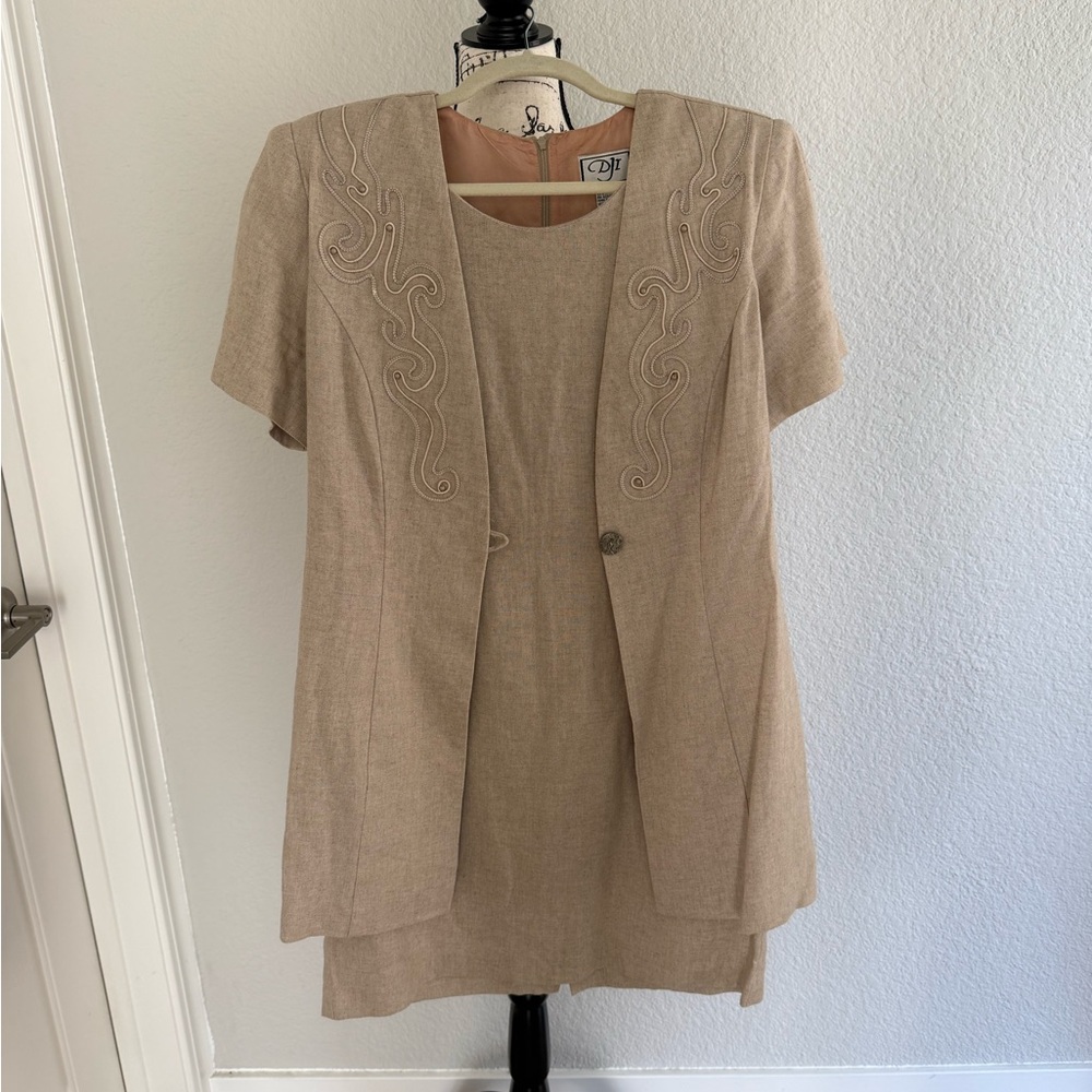 Vintage Beige Skirt Suit/ Dress with Embroidered Detail